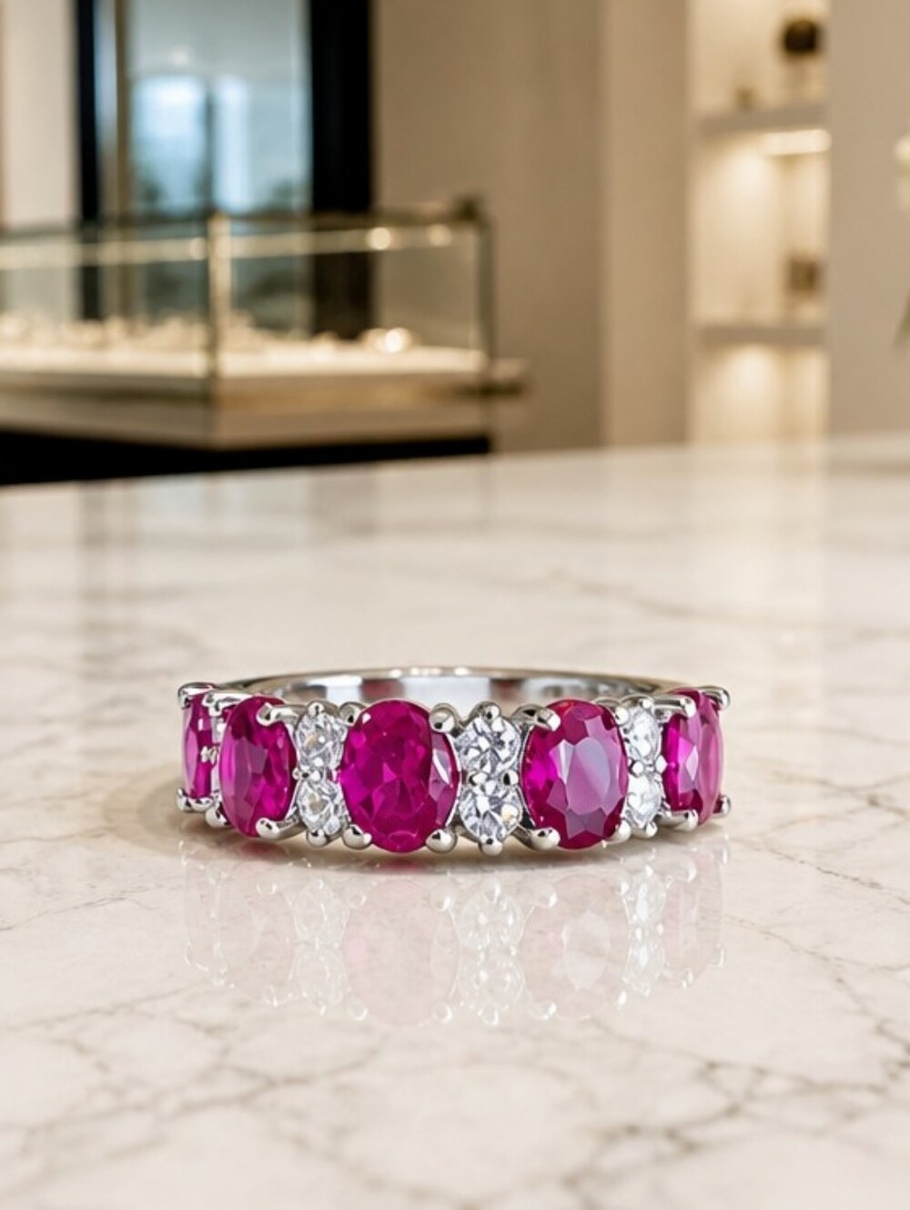 ​2 CT Oval Ruby Red Gemstone & Moissanite Eternity Band S925 Sterling Silver